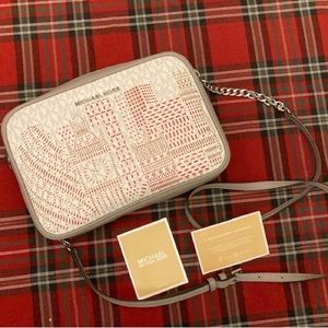 Michael Kors London Neon Pink White Signature PVC/Gray Leather Jet Set NWT